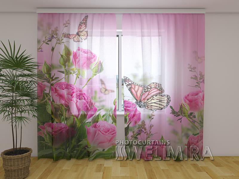 Photo Curtain Butterflies and Pink Roses - Wellmira
