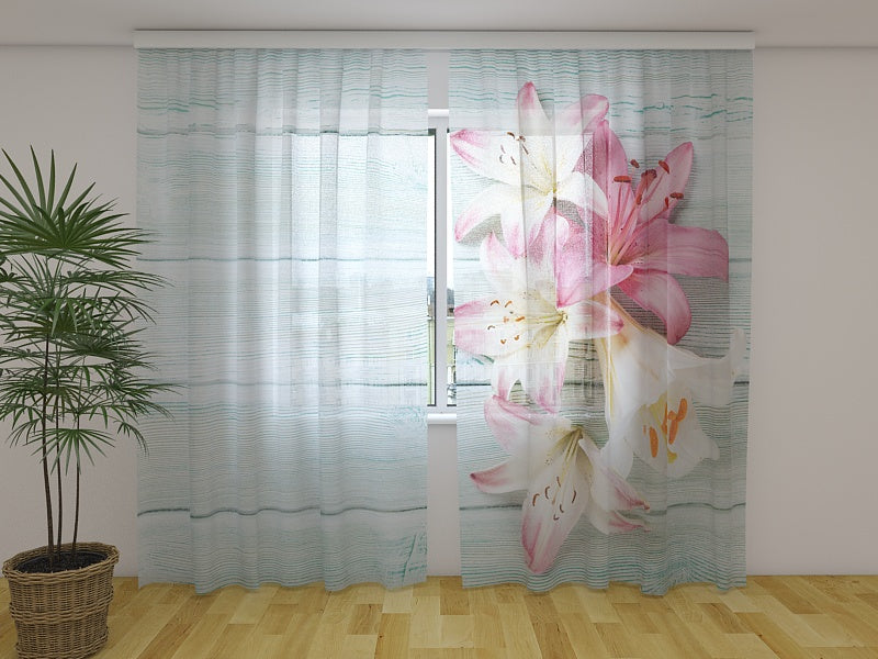 Photo Curtain Colorful Lilies on Wood