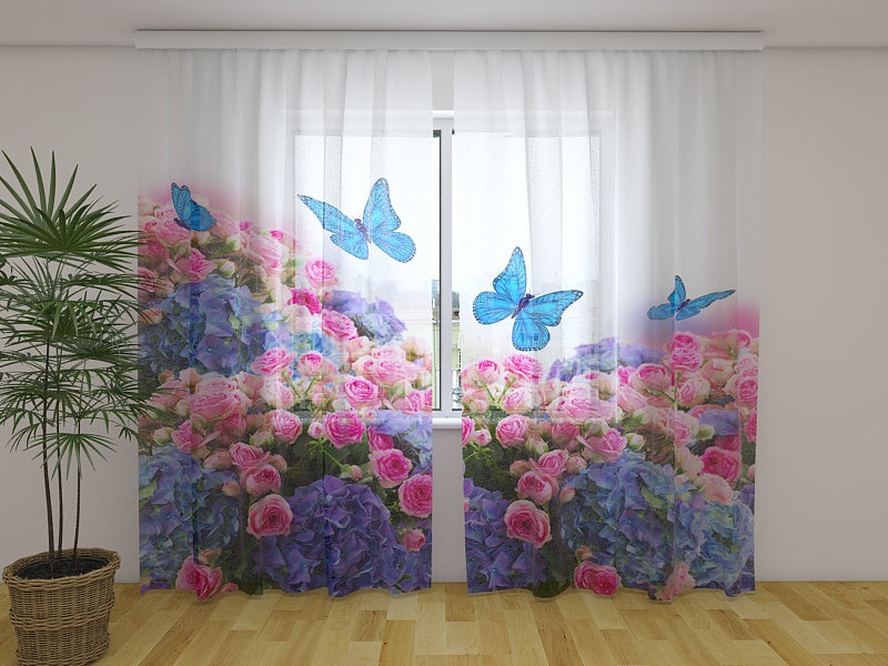 Photo Curtain Garden Bouquet and Blue Butterflies