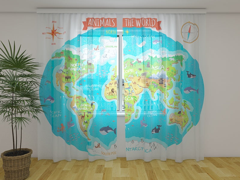 Foto Cortina Niños Mapa Animales del Mundo
