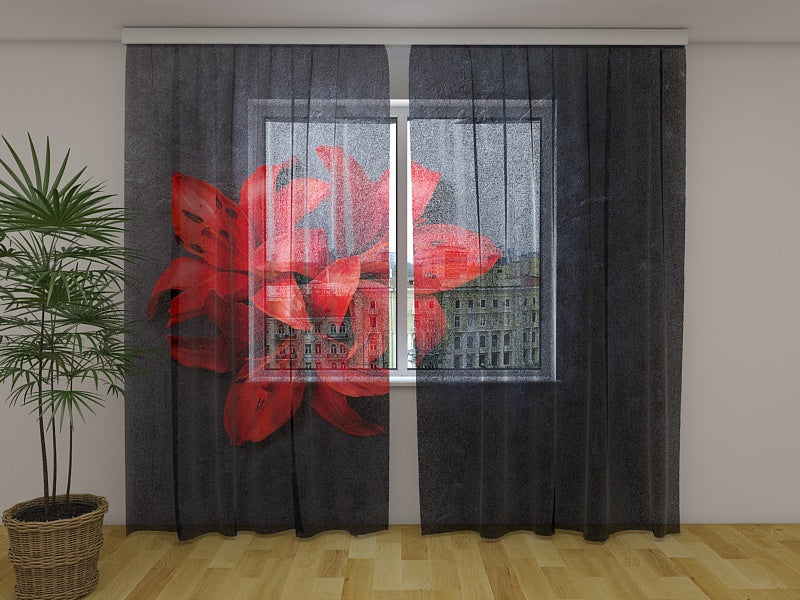 Photo Curtain Red Lilies on a Stone