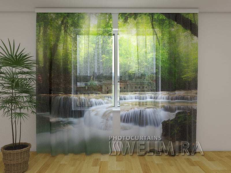 Photo Curtain Waterfall in spring Forest