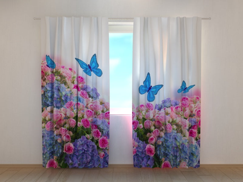 Photo Curtain Garden Bouquet and Blue Butterflies