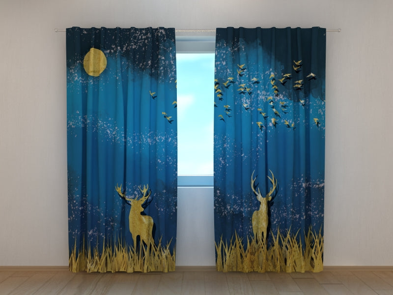 Photo Curtain Golden Deer in the Dark Blue Night