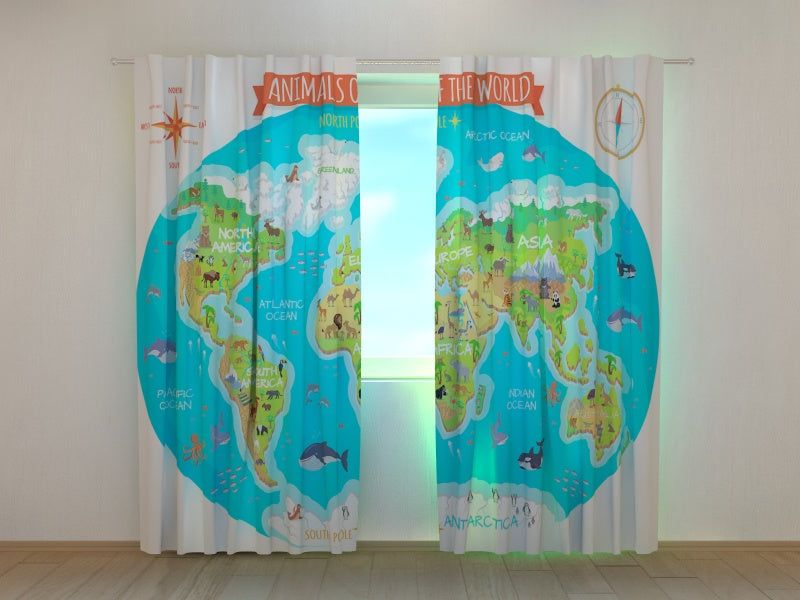 Photo Curtain Kids Map Animals of the World