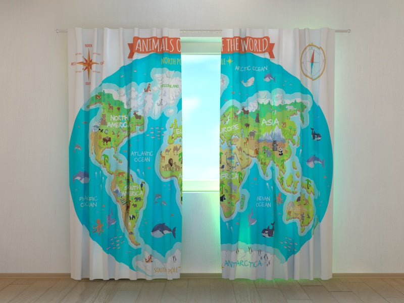 Photo Curtain Kids Map Animals of the World