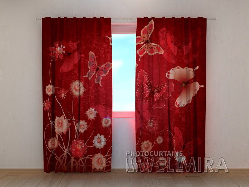 3D Curtain Red Butterflies - Wellmira