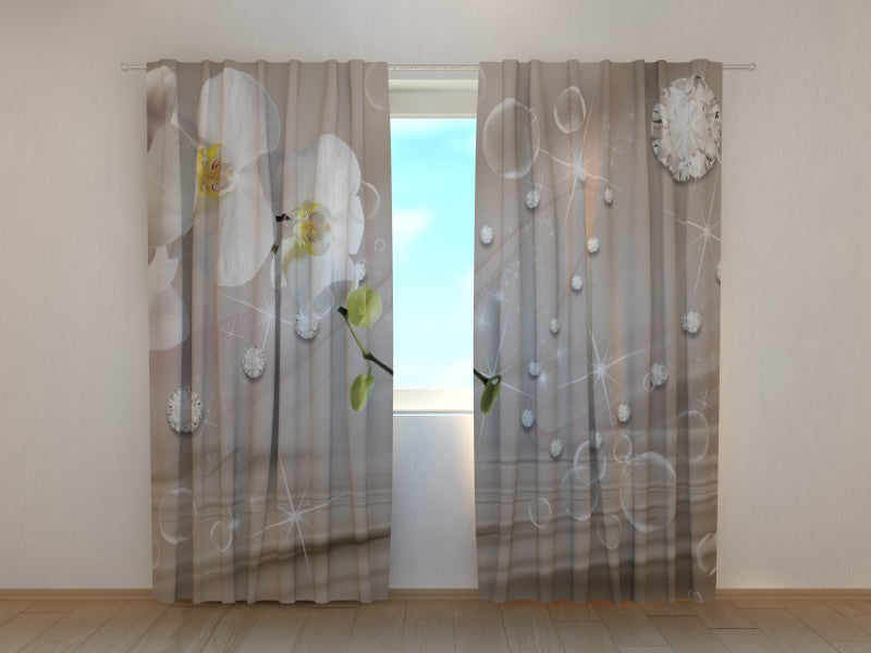Photo Curtain Orchids and Rhinestones on Beige Silk