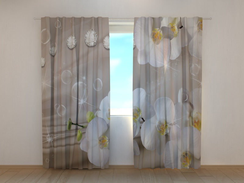 Photo Curtain Orchids and Rhinestones on Beige Silk 2