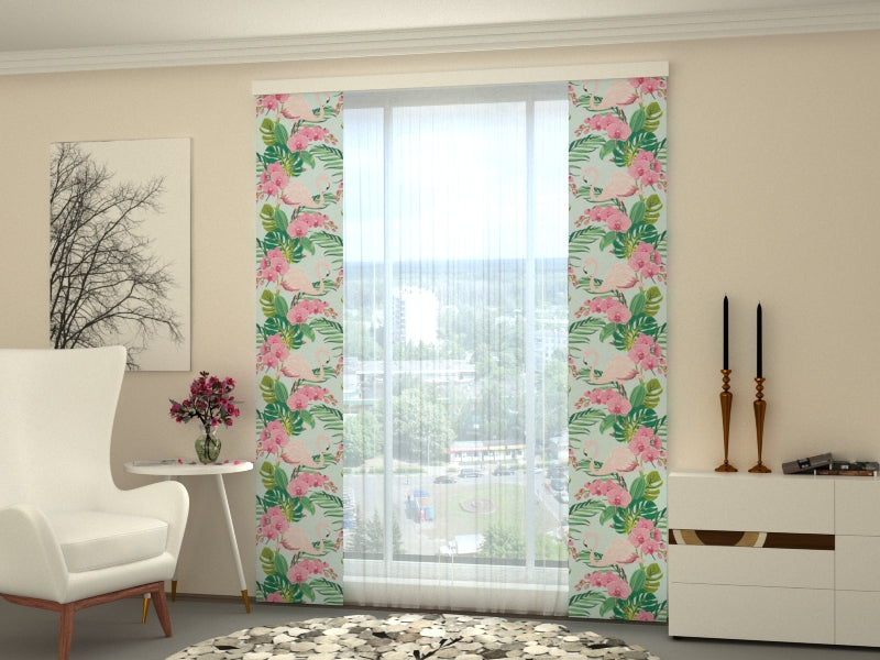 Set of 2 Panel Curtains Pink Flamingo and Orchids