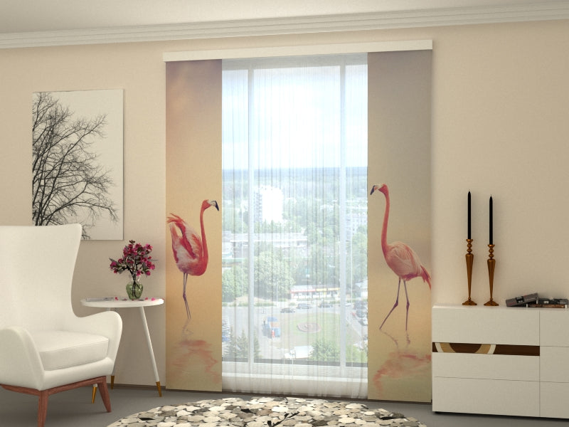 Set of 2 Panel Curtains Pink Flamingos at Sunset
