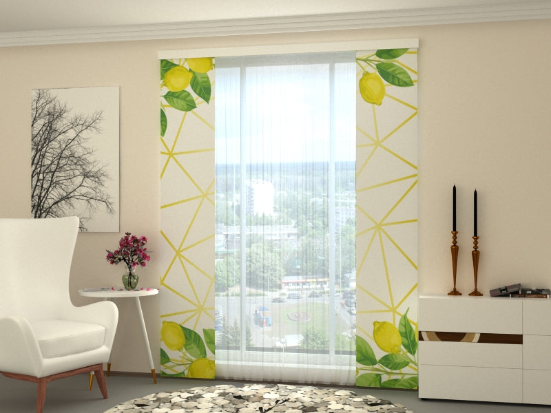 Set of 2 Panel Curtains Watercolour Lemons on Golden Pattern