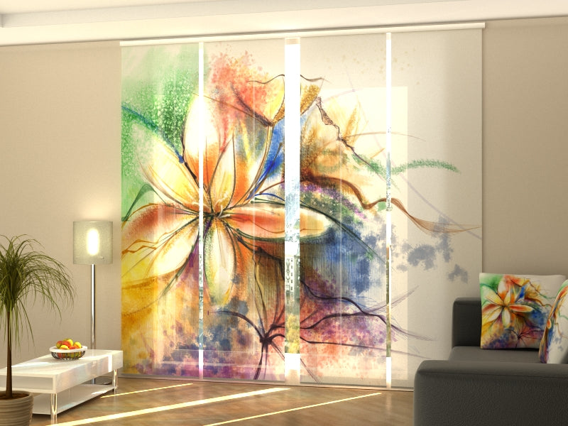 4-Panel Curtains Kit with 4-Track Rail, Abstract Floral Watercolor Painting at Canvas, Size: 60x300 cm