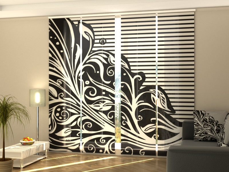 Rideau à panneaux coulissants Floral abstrait en noir et blanc