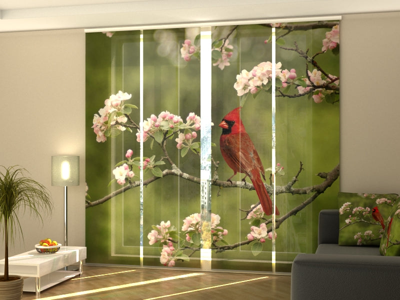 Sliding Panel Curtain Bird Cardinal on a Spring Twig - Wellmira