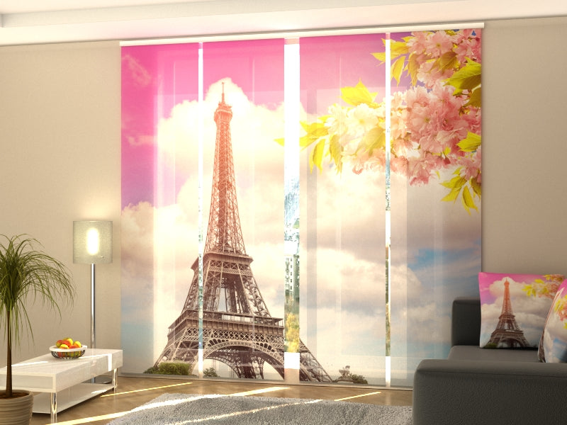 Juego de 4 paneles de cortina Cerezo primaveral floreciente y Torre Eiffel
