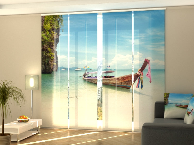 Set of 4 Panel Curtains Boat on the beach of Thailand