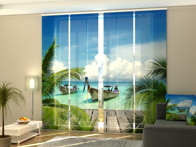 Set of 4 Panel Curtains Boats on Tropical Coast