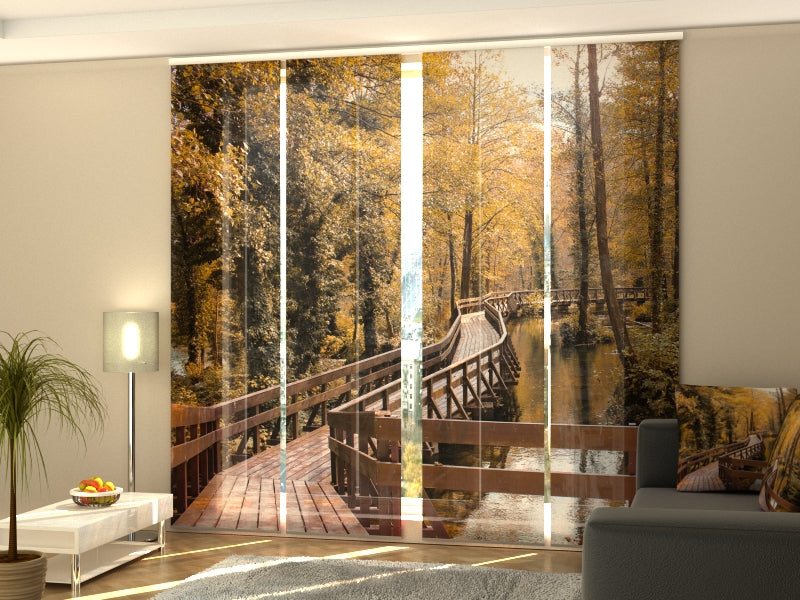 Set of 4 Panel Curtains Bridge in Autumn Forest