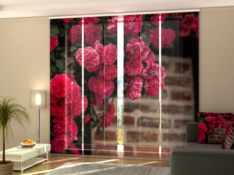 Set of 4 Panel Curtains Bush of Pink Roses on a Brick Wall