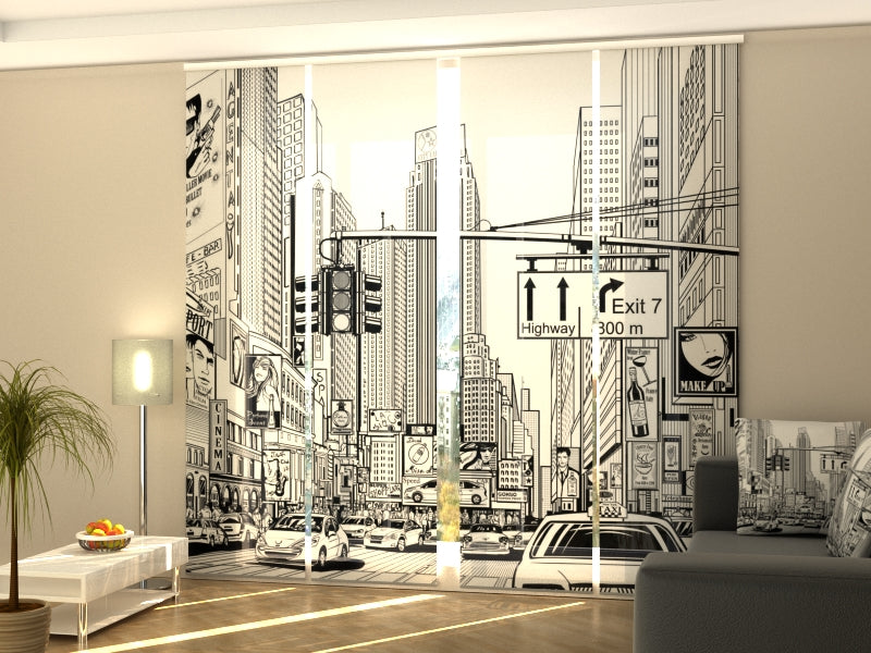 Set of 4 Panel Curtains Cartoon Street of New York