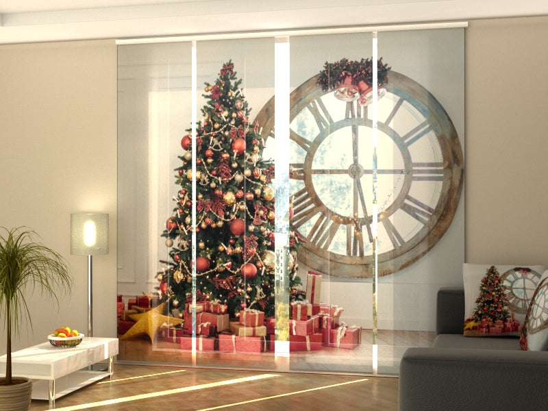 Set of 4 Panel Curtains Christmas Tree and Big Clock