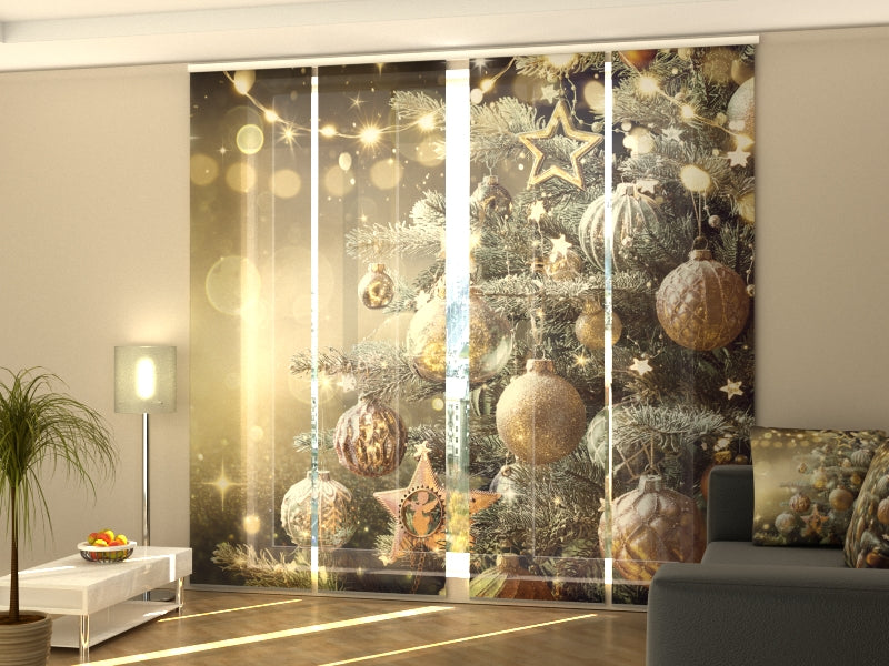 Set of 4 Panel Curtains Christmas Tree with Golden Retro Toys