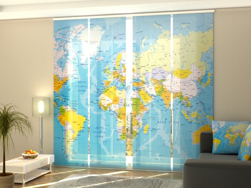 Set of 4 Panel Curtains Detailed World Map