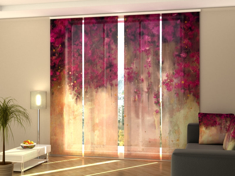 Set of 4 Panel Curtains Drawing of Crimson Flowers on Gold