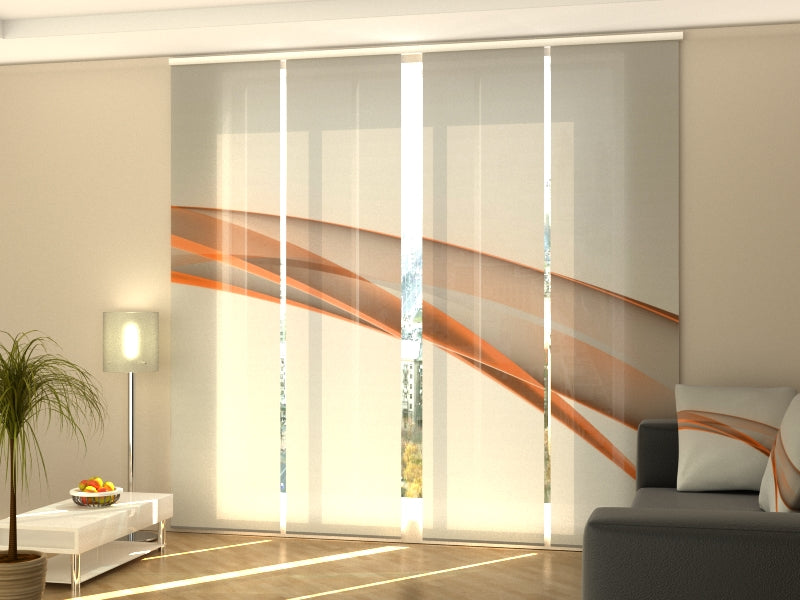 4-Panel Curtains Kit with 4-Track Rail, Elegant Orange Abstract Line, Size: 60x245 cm