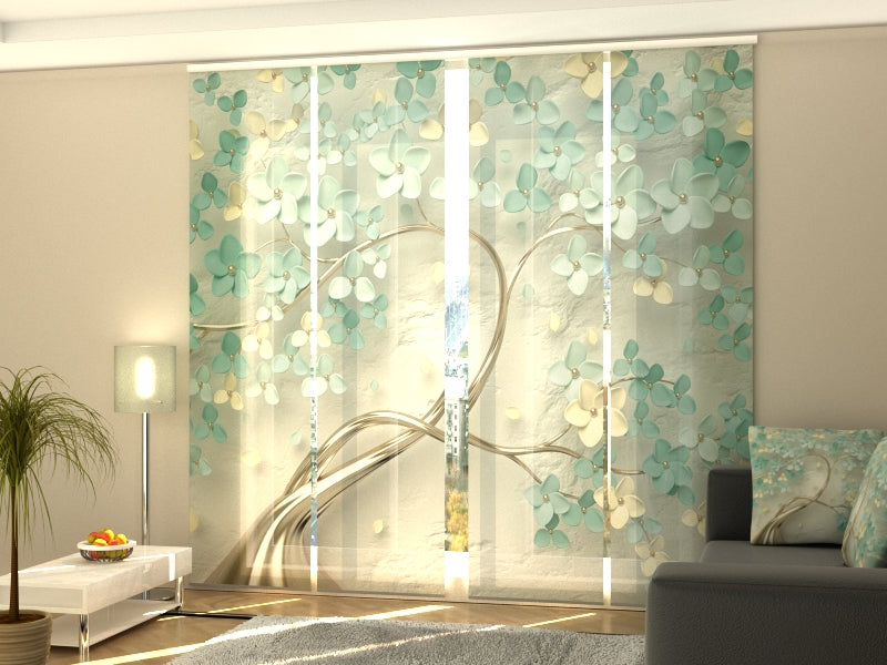 Ensemble de 4 Panneaux Arbre Fabuleux avec Fleurs Vertes