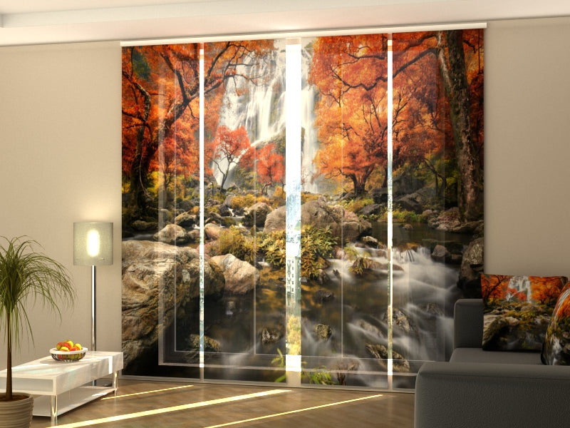 4-Panel Curtains Kit with 4-Track Rail, Fascinating Autumn Waterfall, Size: 60x300 cm