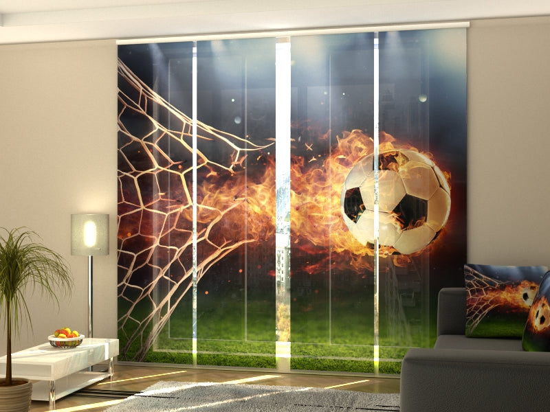 Set of 4 Panel Curtains Fiery Football Ball In Goal