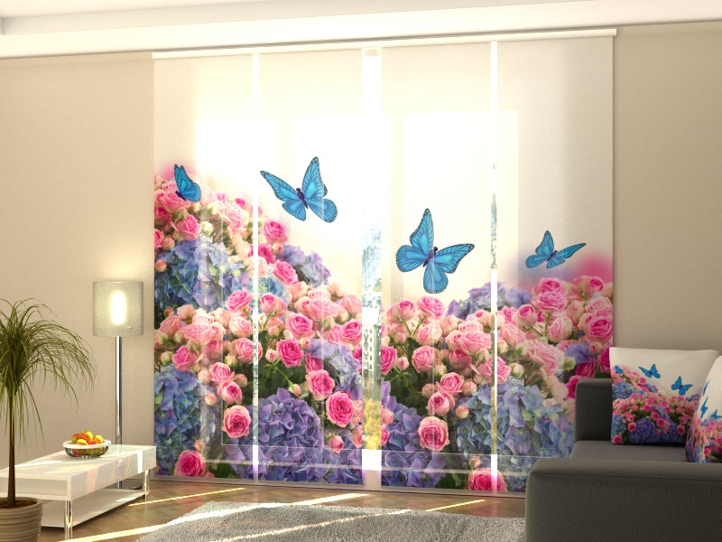 Set of 4 Panel Curtains Garden Bouquet and Blue Butterflies