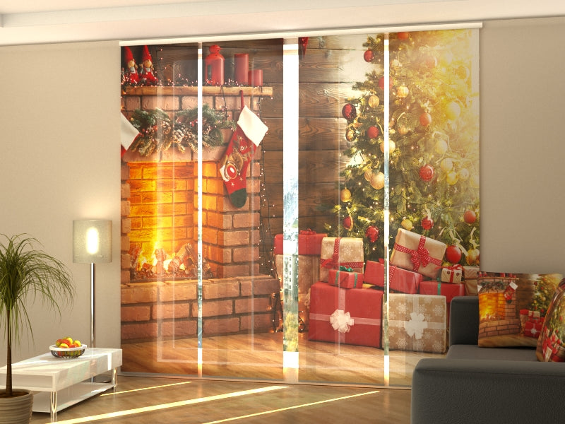 Set of 4 Panel Curtains Glowing Christmas Tree and Fireplace