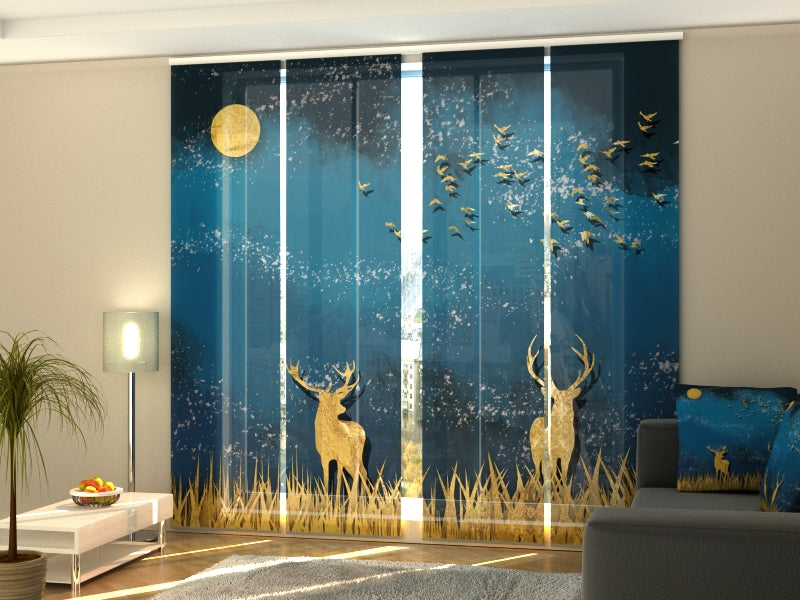 Set of 4 Panel Curtains Golden Deer in the Dark Blue Night