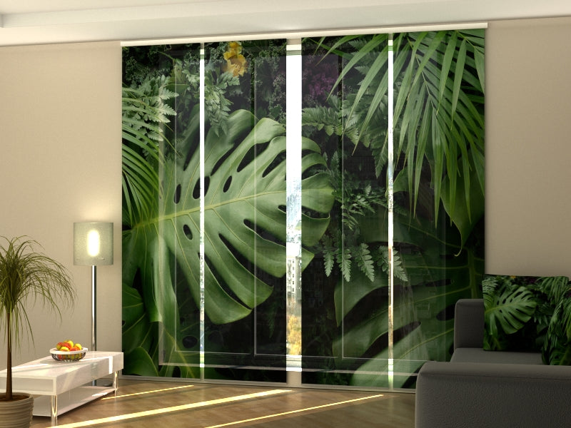 Set of 4 Panel Curtains Green Tropical Leaves