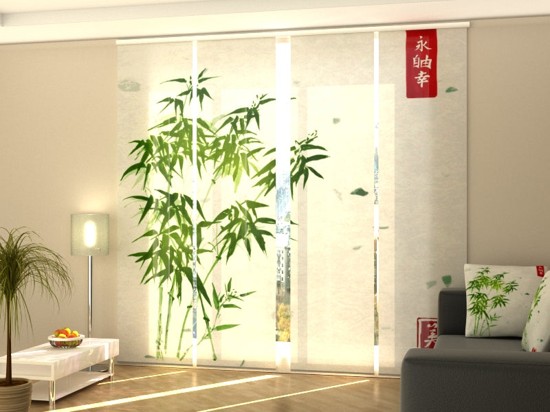Lot de 4 Panneaux Rideaux Japonais Aquarelle Vert Bambou