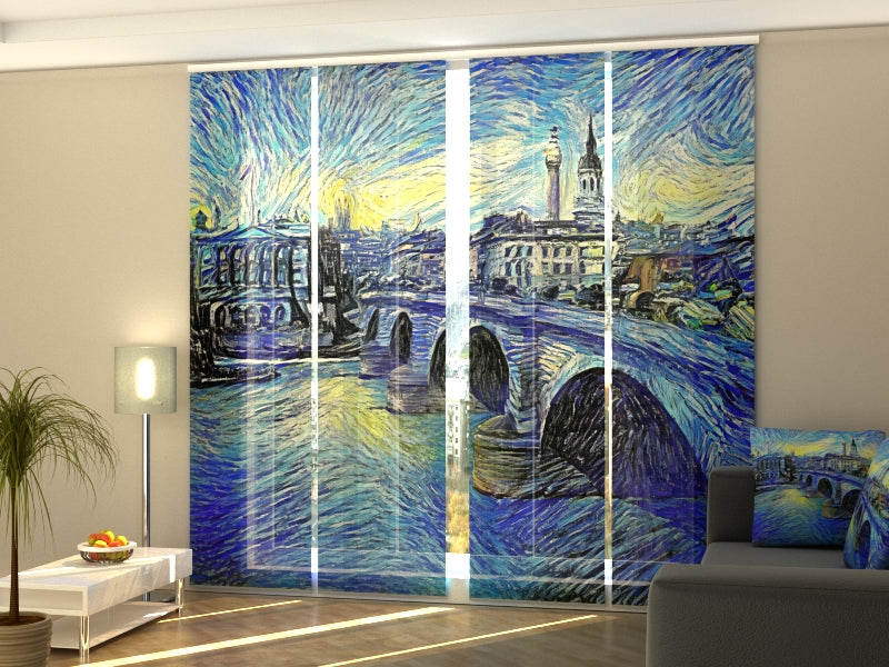 Set of 4 Panel Curtains London Bridge in Van Gogh Style