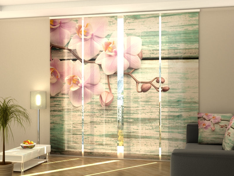 4-Panel Curtains Kit with 4-Track Rail, Lovely Orchids on a Old Blue Wood, Size: 60x300 cm