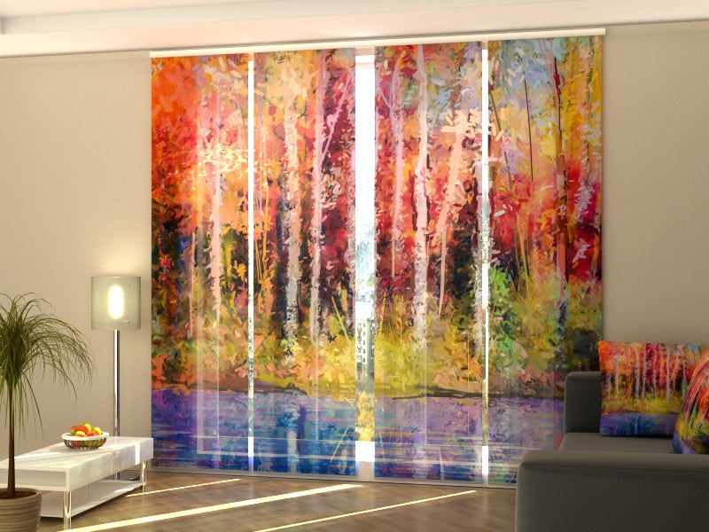 Set of 4 Panel Curtains Oil Painting Colorful Autumn Trees