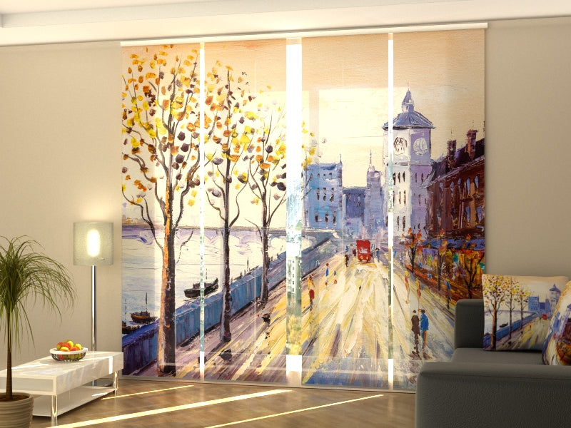 Juego de 4 paneles de cortinas con pintura al óleo Vista de Londres