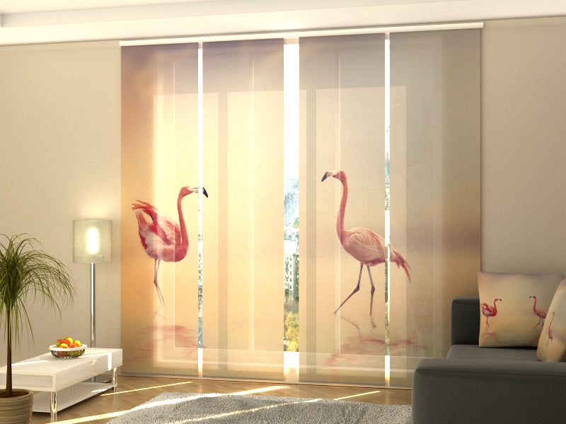 Set of 4 Panel Pink Flamingoes at Sunset