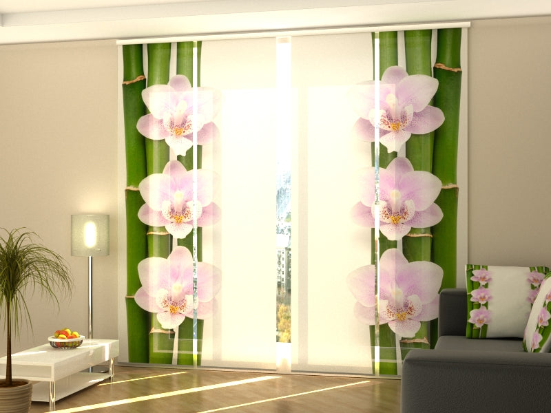 Set of 4 Panel Curtains Pink Orchids and Bamboo