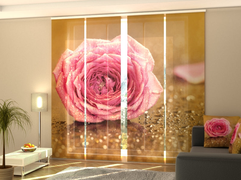 Lot de 4 Panneaux Rideaux Fleur Rose Rose sur Or