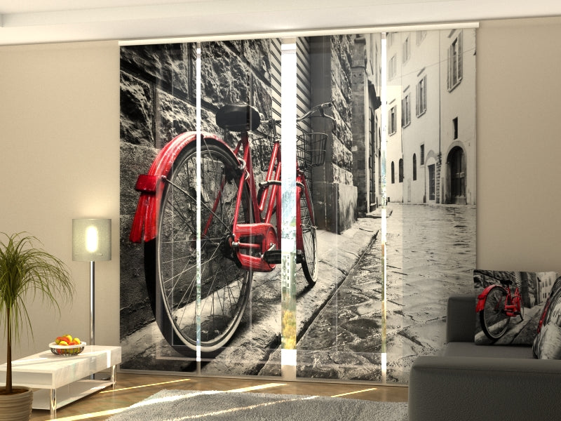 Set of 4 Panel Curtains Red Bike in Black and White City