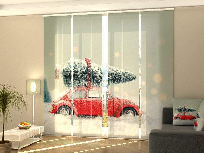 Sliding Panel Curtain Red Car with Christmas Tree