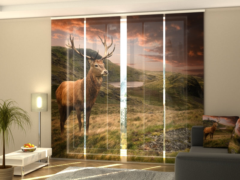 Set of 4 Panel Curtains Red Deer at Sunset