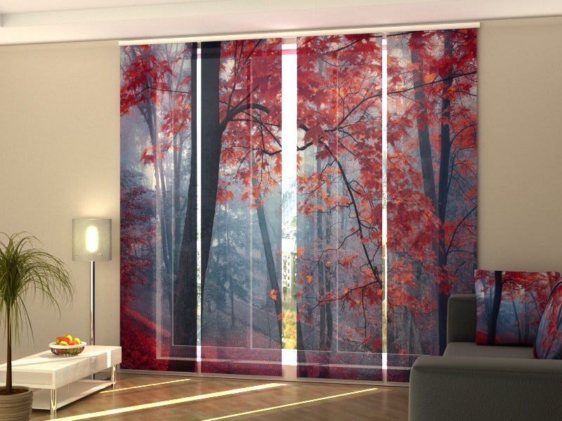 Set of 4 Panel Curtains Red Leaves in Mist