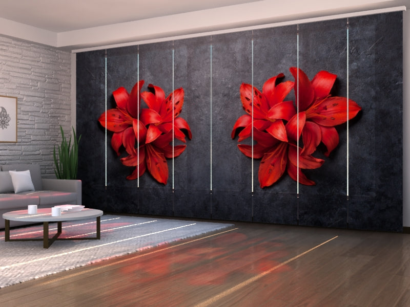 Set of 8 Panel Curtains Red Lilies on a Stone